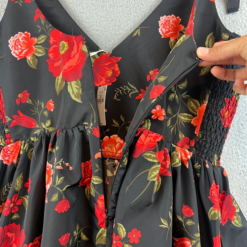 Old Navy The Occasion Floral Fit & Flare Dress Black Red Poppy Tie Shoulder L - Picture 9 of 13